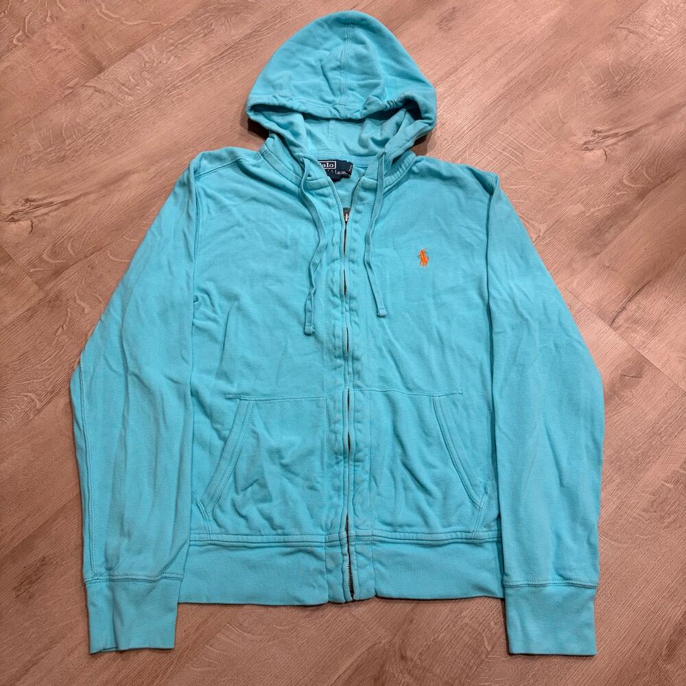 Polo Ralph Lauren Full Zip Hoodie Pique Aqua Blue Women's M Orange Pony Y2K